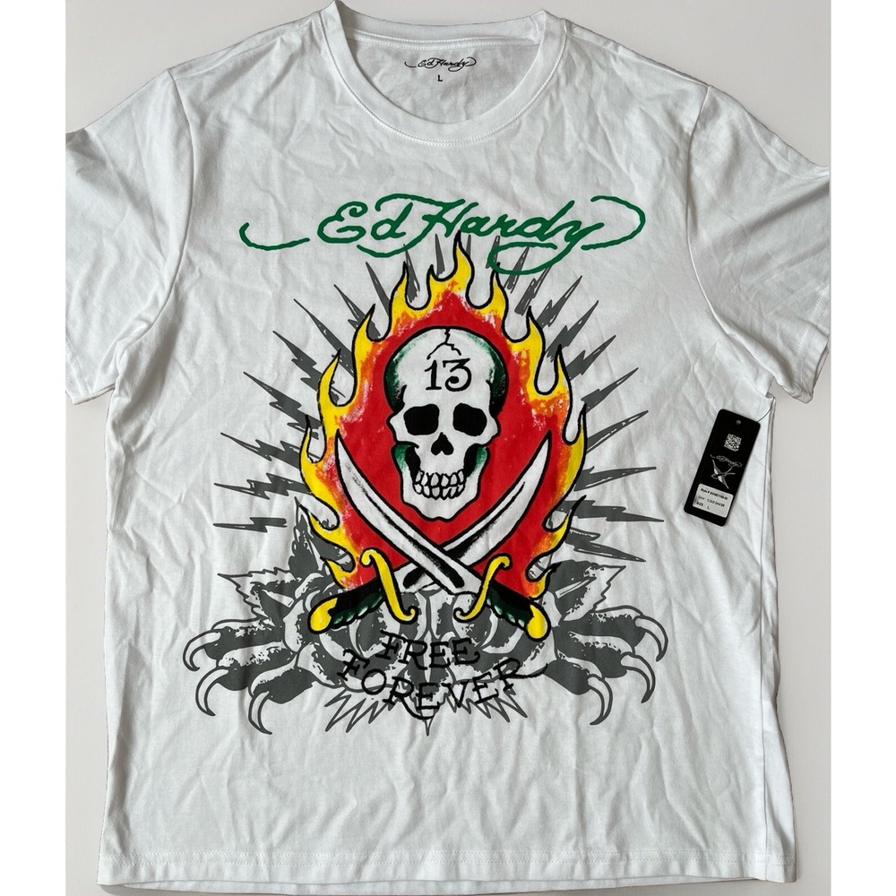 Ed Hardy Men's Short Sleeve Free Forever‎ Flaming Skull Sword Tshirt Large White